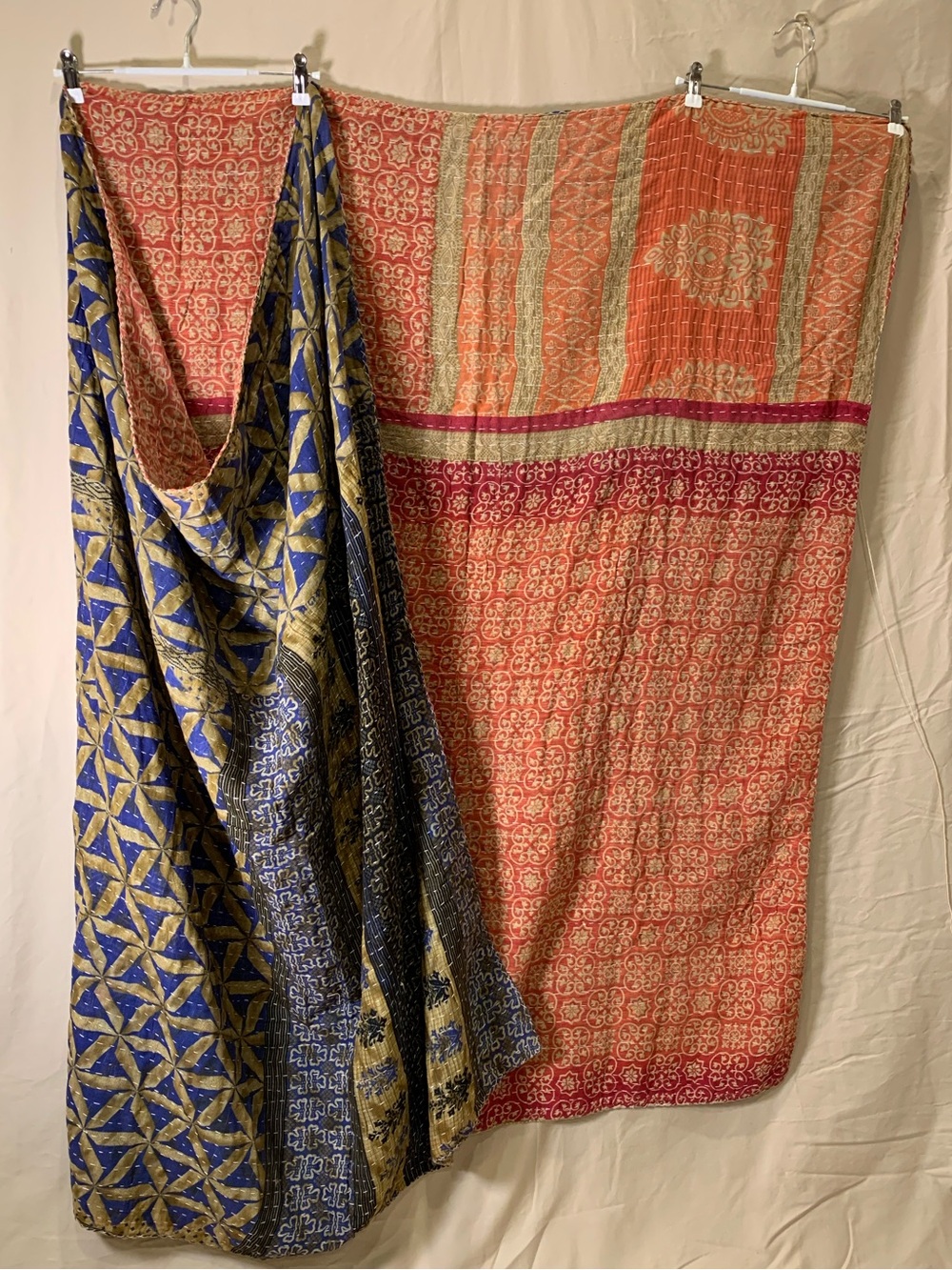 Handmade Kantha Quilt Twin Size Recycled Sari Cotton Blue Gold Orange Red